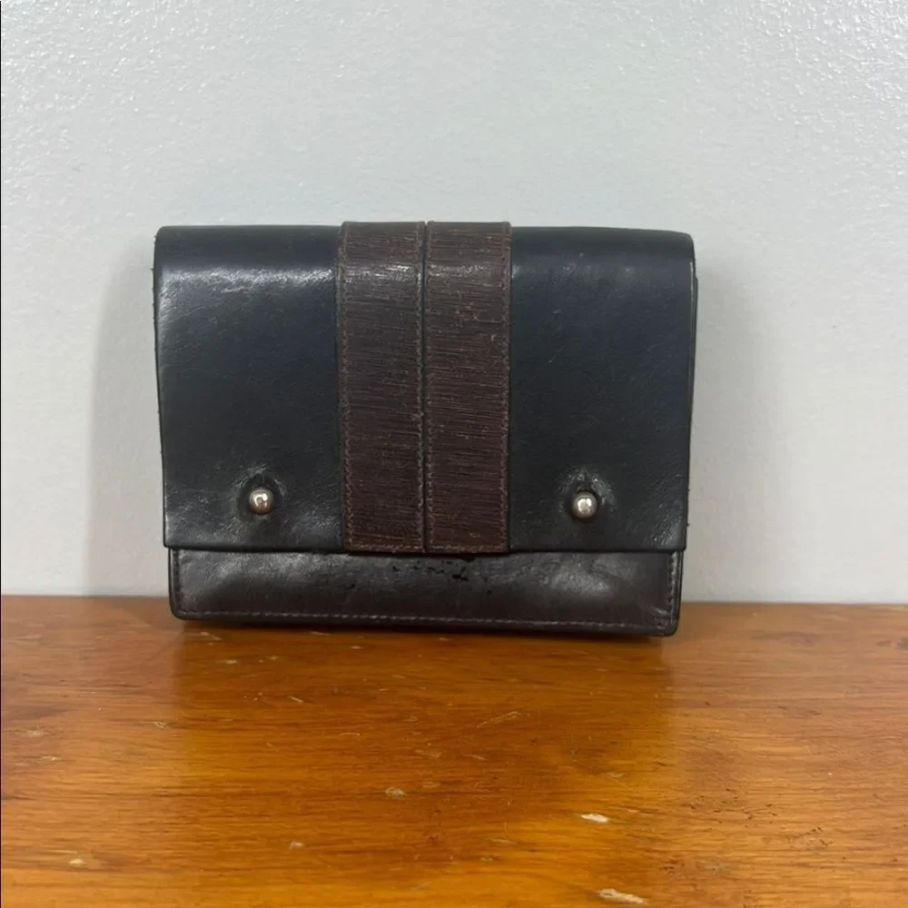 Compact Black and Brown Leather Belt Wallet with Metal Studs